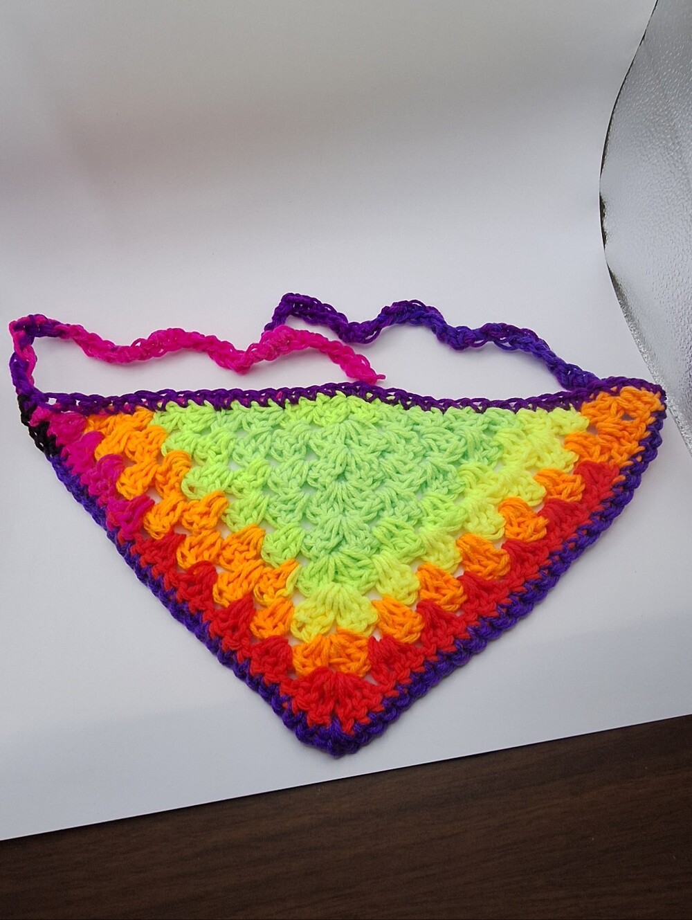 Handmade Crochet Rainbow Bandana Bib - Neon Green & Multicolor